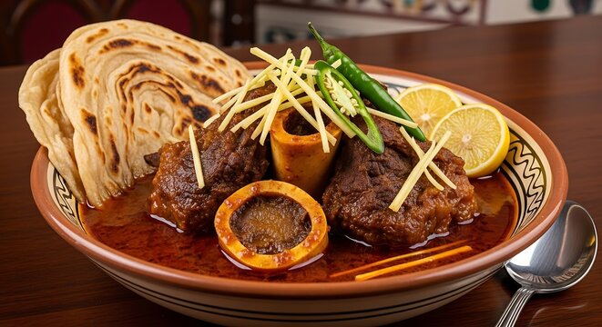 Photo of spicy meat dish with paratha and lemon
