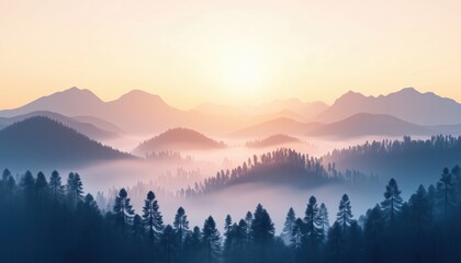 Obraz premium Panoramic Morning View Of Foggy Forest, Mountain Silhouettes, And Sunlight: Ideal For Wallpaper, Posters, And Covers.