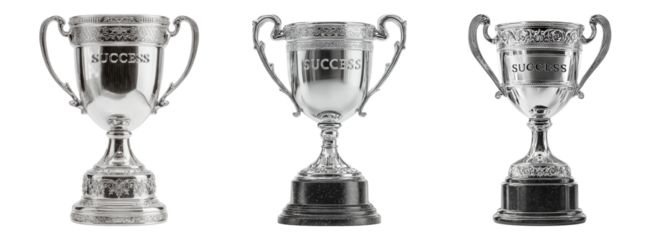 Three Silver Trophy Cups with Success Inscription on Transparent Background