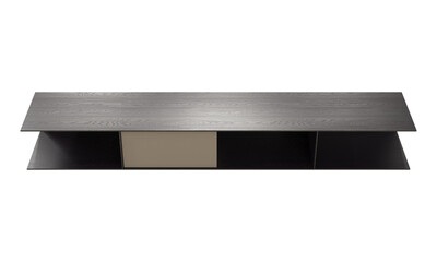 Black veneer behind sofa coffee table with a bottom shelf and storage box. 3d render