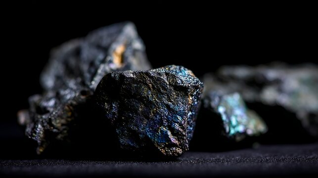 Advanced Materials: High-Tech Cobalt Processing for Industrial Innovation featuring Close-up of raw cobalt ore chunks on a dark industrial background and digital content creation