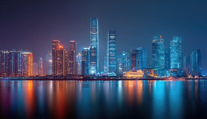 Naklejka premium Night cityscape, skyscrapers, waterfront, reflections, urban development, financial district, modern architecture, city lights, panoramic view, business