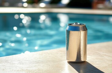 A shiny, wet soda can rests on a poolside, reflecting sunlight and surrounded by a sparkling blue water backdrop.