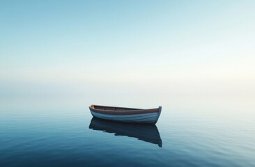 Naklejka premium A serene scene featuring a solitary boat floating on calm waters under a clear sky, evoking tranquility and reflection.