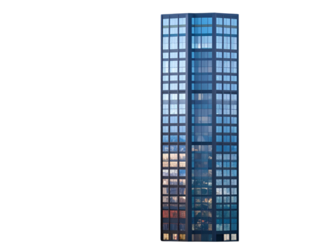 rchitectural Tower with Numerous Floors and Grid-Style Windows, isolated on a transparent background.