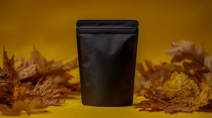 Black stand-up pouch placed on a yellow cork surface with scattered dried autumn leaves, modern packaging display, warm seasonal tones