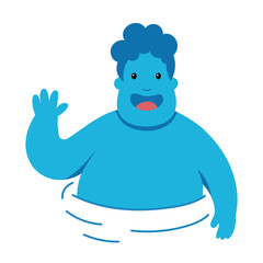 Smiling blue giant character vector illustration waving hand, flat cartoon design isolated on white background.