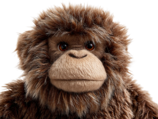 PNG of A realistic, fluffy brown plush monkey with large eyes, exuding a friendly and cuddly vibe. - on Transparent or White BG