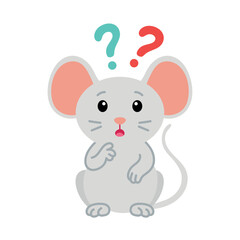 Cute confused mouse vector illustration with question marks above head, flat cartoon design isolated on white background.