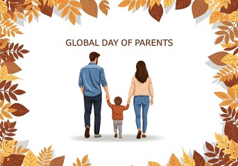 Photo of global day of parents with family and autumn leaves border