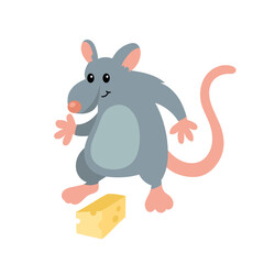 Cute cartoon rat vector illustration standing near a piece of cheese, flat design isolated on white background.