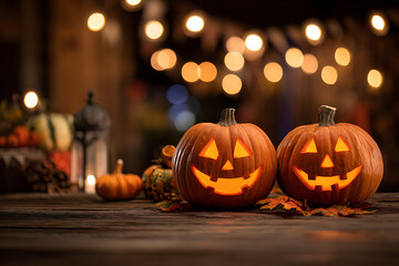Two Glowing Jack-o'-Lanterns on a Rustic Wooden Table with Warm Bokeh Lights