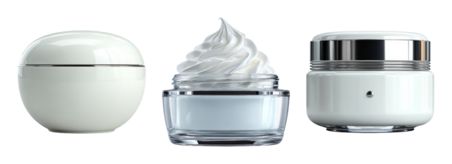 Three White Cosmetic Cream Containers on Transparent Background