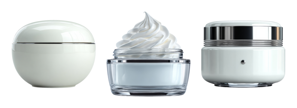Three White Cosmetic Cream Containers on Transparent Background