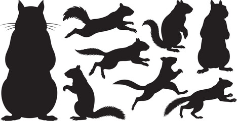 Fototapeta premium A set of black silhouette illustrations of squirrels in various poses and movements, perfect for nature, wildlife, and animal-themed designs. Squirrels isolated on white background.