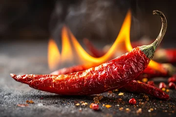 Plexiglas schilderij Hete pepers Red chili peppers with flames on dark surface, spice and heat concept  © Hkpixel