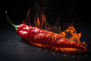 Red chili pepper with flames on dark surface, representing extreme heat and spice