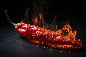 Plexiglas schilderij Hete pepers Red chili pepper with flames on dark surface, representing extreme heat and spice  © Hkpixel