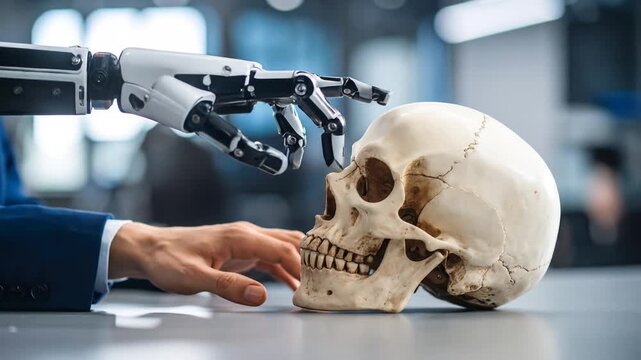 A human hand, a robotic hand and a skull are displayed on a table, illustrating themes of robotics and mortality