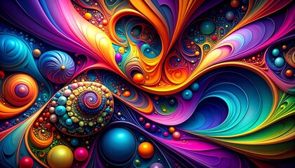 Vibrant Abstract Swirls of Color and Spheres in a Psychedelic Composition