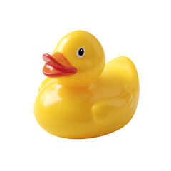 A bright yellow rubber duck toy with a red beak isolated on transparent background