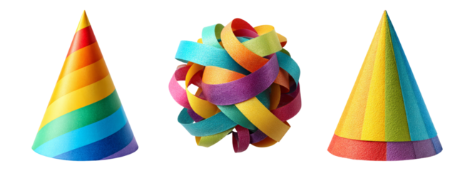 Colorful Party Hats and Ribbon Decoration on Transparent Background