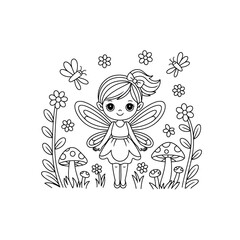 Adorable Fairy in Enchanted Garden Line Art Illustration