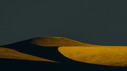 Bright yellow hill casting a dark curved shadow, minimalist landscape with strong contrast, vivid natural colors, high-resolution,