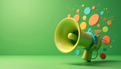 3D megaphone on vibrant green background with colorful speech bubbles. Dynamic graphic represents powerful messaging for digital communication, marketing, advertising, social media campaigns. Ideal