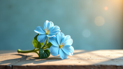 Fototapeta premium delicate bouquet two blooms sits atop worn weathered wood table basking warm golden light dances across petals