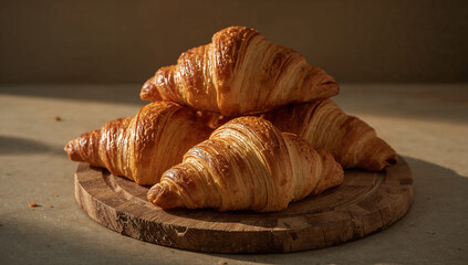 Photo of a stack of golden brown croissants on a round wooden board presents a delicious and tempting breakfast or brunch option
