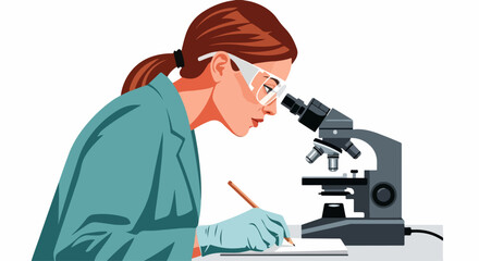 Focused female scientist in a teal lab coat and safety glasses using a microscope and writing notes with a pencil.