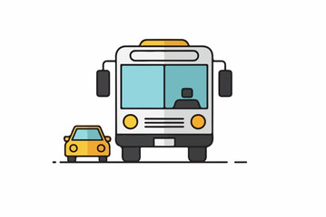 Minimalist line art illustration of a white city bus next to a small yellow car.