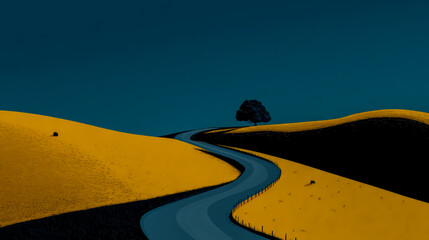 Bright yellow hill casting a dark curved shadow, minimalist landscape with strong contrast, vivid natural colors, high-resolution,