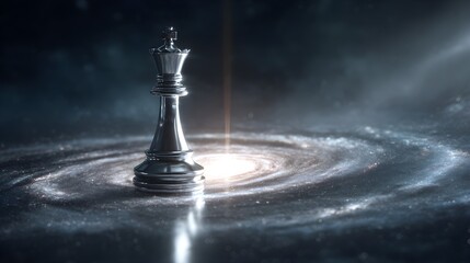 Majestic Silver Chess King Piece on a Radiant Spiral Galaxy in Deep Space, Representing Strategy and Power