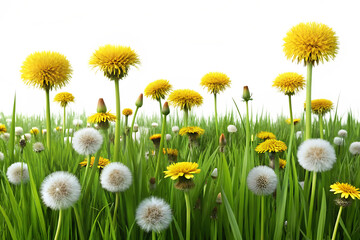  grass meadow with dandelions 3d render grass fie isolated on white background PNG , AI GENERATED