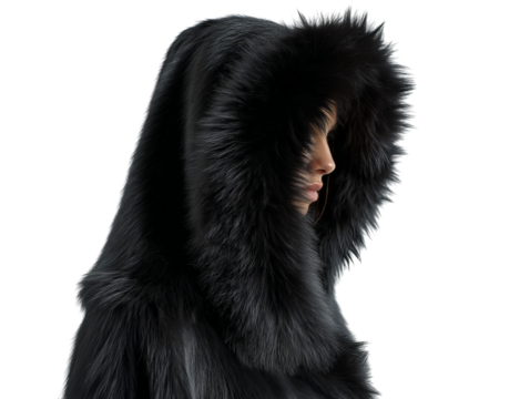 PNG of A side profile of a young woman with dark hair, wearing a luxurious black fur hood, exuding elegance and mystery. - on Transparent or White BG