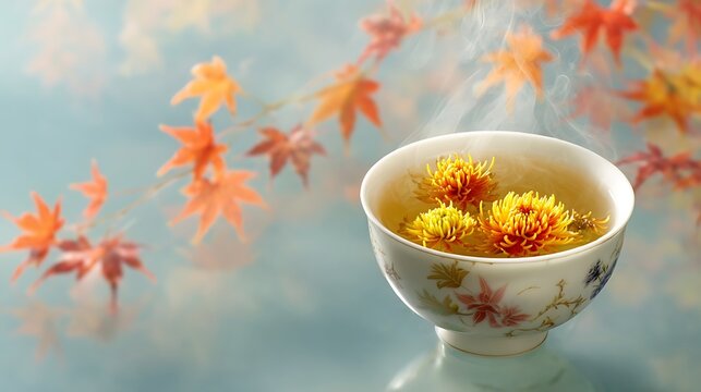 Confucius Birthday Memorial for Cultural Wisdom: Confucius Memorial Tea Ceremony and Traditional Values featuring porcelain teacup with chrysanthemum blossoms floating in