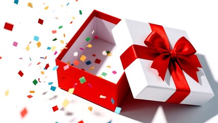 Open gift box with red ribbon and confetti isolated on white background