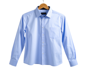  “Men’s whaite Navy Blue Dress Shirt on Wooden Hanger, isolated on a transparent background”.