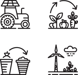 Fototapeta premium Sustainable Farming Outline Icons Set Organic Agriculture, Eco-Friendly Practices, Recycling, and Renewable Farm Technology Vector Pack