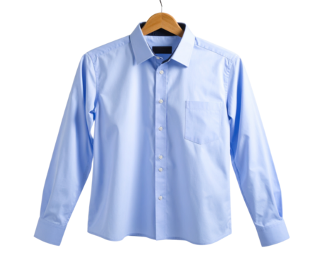 “Men’s whaite Navy Blue Dress Shirt on Wooden Hanger, isolated on a transparent background”.