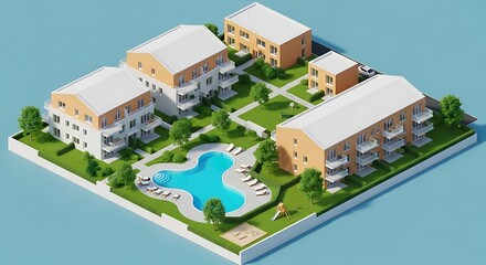 Isometric view of modern apartment buildings and community amenities