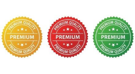 Premium Quality award seal badge set in gold, red, and green colors