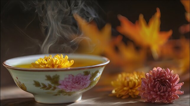 Confucius Birthday Memorial for Cultural Exchange: International Dialogue Through Traditional Chinese Tea Culture featuring porcelain teacup with chrysanthemum blossoms floating