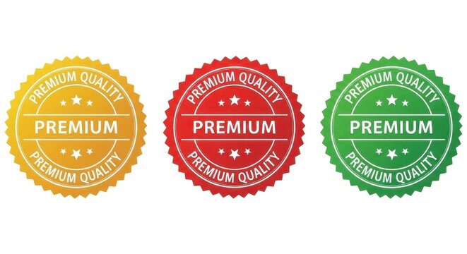 Premium Quality award seal badge set in gold, red, and green colors