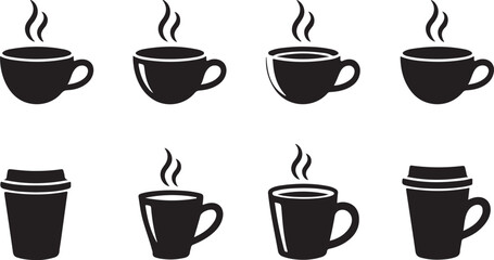 Black and white coffee cup vector illustration with steam rising. coffee and tea cup silhouette vector set