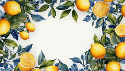 Traditional Mediterranean Floral Frame With Blue And White Tiles And Lemon Branches Featuring Green Leaves For Invitations, Parties, Weddings, And More.