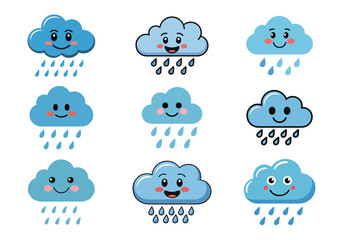 Smiling rain cloud Vector Illustration, Smiling rain cloud Icon Set