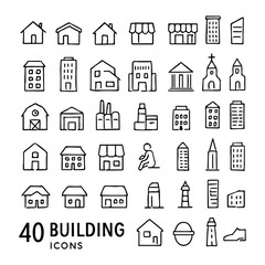 Collection of 40 hand drawn building icons in a clean outline style